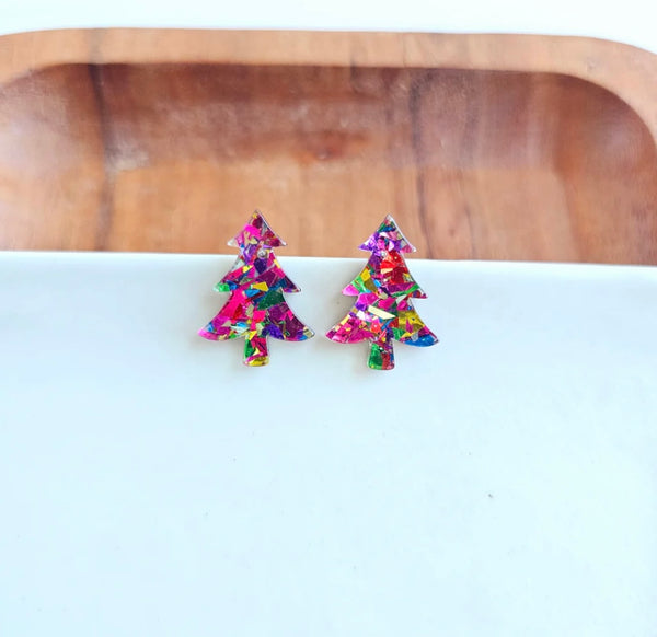 Confetti Christmas Tree Studs- Pink