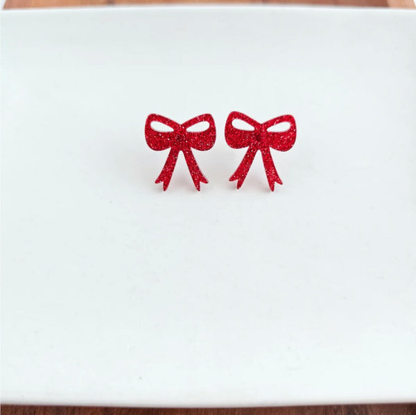 Bow Studs-Red Glitter