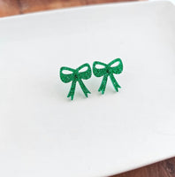 Bow Studs-Green Glitter