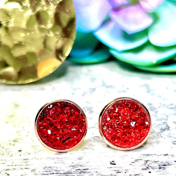 Red Druzy 12mm Stud with Rose Gold setting