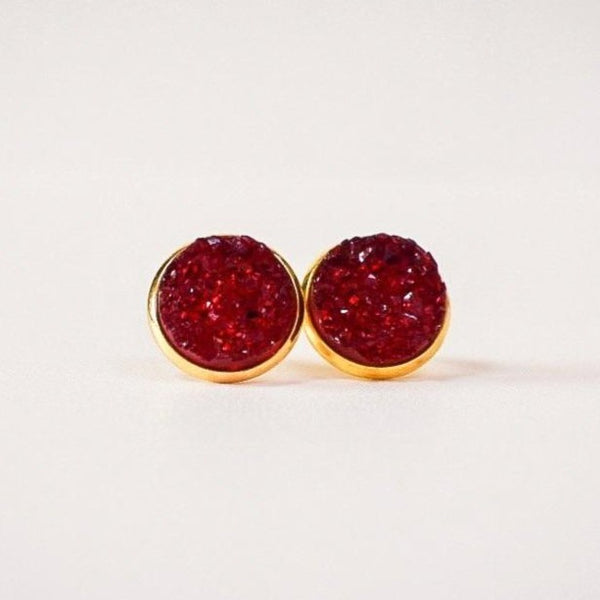 Red Druzy Studs 12mm Gold Settings